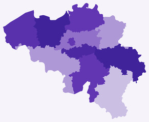 Map of Belgium with regions. Just a simple country border map with region division. Deep purple color palette. Plain Kingdom of Belgium shape with administrative division. Vector illustration.