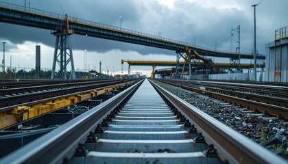 Obraz premium Industrial Railway Tracks Leading Into Cloudy Horizon View