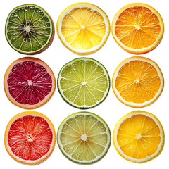 Fototapeta premium Modern Vivid Collage of Sliced Citrus Fruits Isolated on Transparent Background