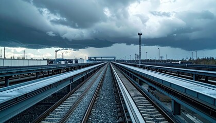 Fototapeta premium Dramatic Sky Over Empty Railway Tracks Stretching Into Distance