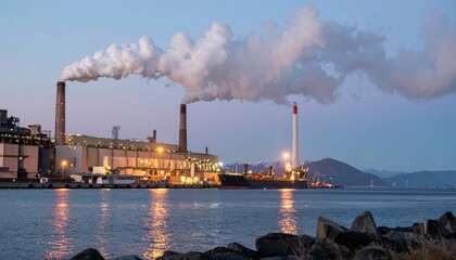 Industrial Landscape with Smoke Stacks and Cargo Ship at Dusk