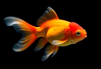 Vibrant orange goldfish swimming against a black background