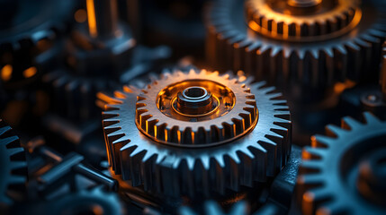 Interconnected metal gears shot close-up in a moody industrial setting