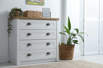 Dresser with stylish decor and houseplants near white wall indoors