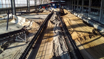 Construction Site with Conveyor Belts and Sand Excavation Process