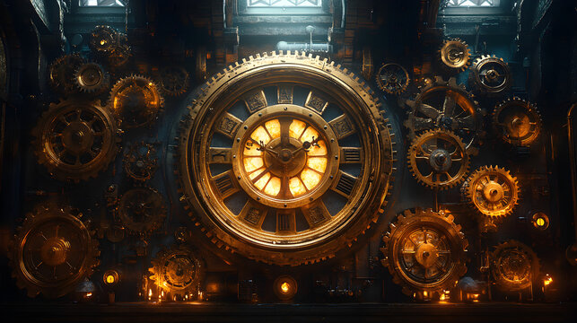 Intricate gold gears and mechanical clock in dim room with window