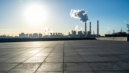 Industrial Landscape with Smoke Emitting from Towers at Sunrise