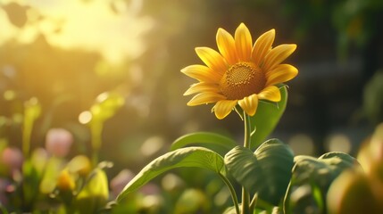 Obraz premium Youth Day: A vibrant close-up of a blooming sunflower with golden petals, surrounded by soft green leaves, warm sunlight casting gentle shadows, blurred spring meadow background, 