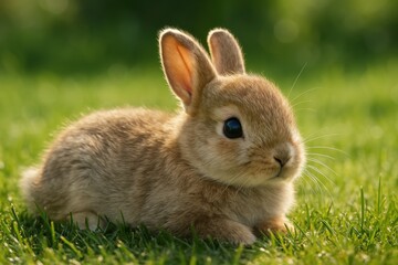 Sweet Brown Bunny Sitting in Green Grass Under Bright Sunshine