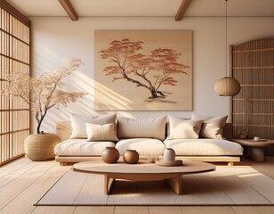 Helles Japandi-Wohnzimmer mit Holz und Leinen