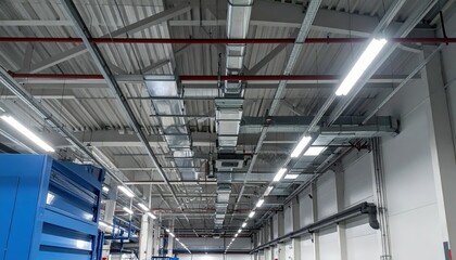 Obraz premium Modern Industrial Warehouse Interior with LED Lighting and Duct Work