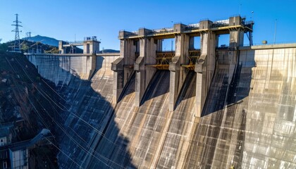 Large Concrete Dam with Water Spill and Clear Blue Sky Above
