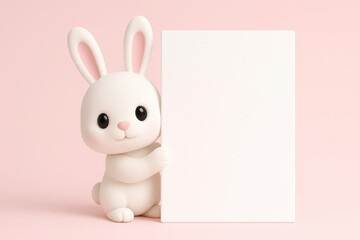 Obraz premium Cute Bunny Character Holding Blank Sign on Soft Pink Background