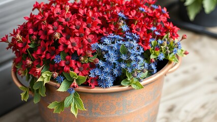 Weathered Copper Pot with Red & Blue Cotoneaster & Eryngium