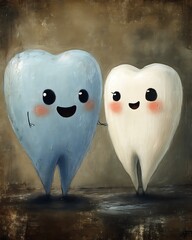 Obraz premium Two smiling cartoon teeth happily embracing each other gently