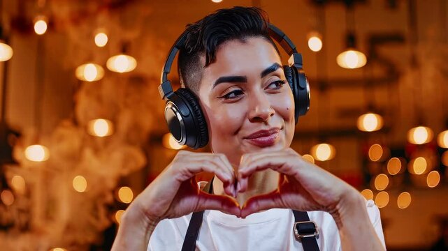 Smiling woman with short hair listening to music with headphones, making heart gesture with hands in cozy caf&eacute;