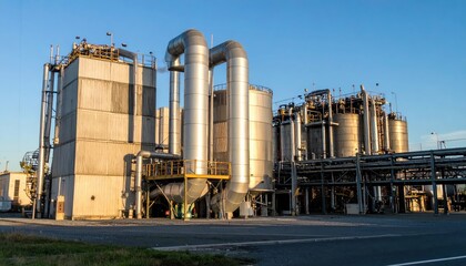 Obraz premium Industrial Complex with Pipelines and Storage Tanks at Sunset