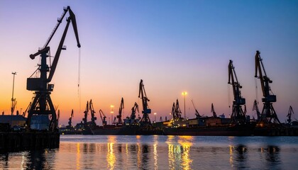 Obraz premium Sunset at a Busy Port with Cranes and Ships Silhouetted on Water