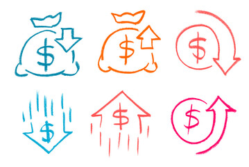 Money Increase Decrease Icon Crayon Chalk Drawing Vector Set