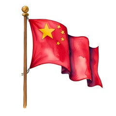 Flag of People's Republic of China waving in the wind. State symbol illustrated in watercolor style.