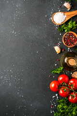Healthy food background on black stone table.