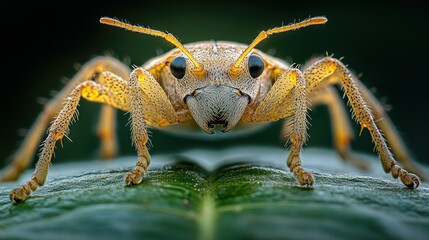 Naklejka premium Close-up of a light-brown insect on a green leaf, with detailed features and focus on its head and antennae