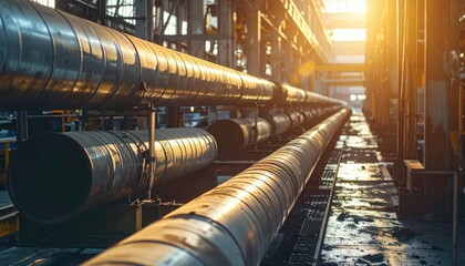 Industrial Pipes in Factory with Sunset Glow and Reflections