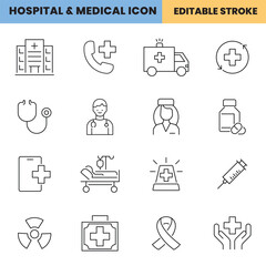 Hospital and Medical icon set, Doctor, emergency, medicine, pharmacy, patient, nurse, treatment, ambulance, customizable stroke, vector, illustration