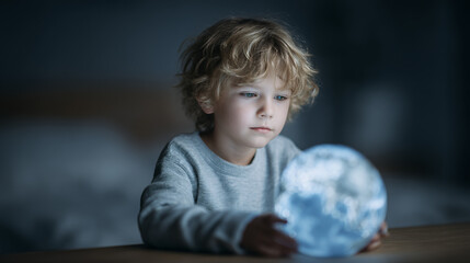 A young boy gazes thoughtfully at a glowing globe, suggesting curiosity and wonder about the world.