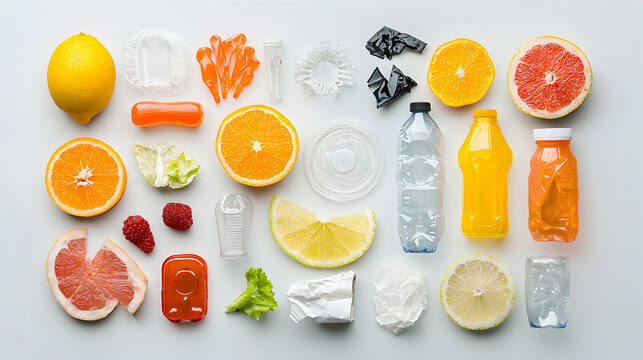 An artistic arrangement of fruits and plastics. It's a visual reminder of plastic pollution and its relationship to the food we consume. Think environmental awareness. - Powered by Adobe