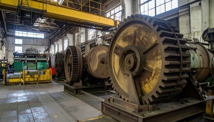 Fototapeta premium Industrial Machinery in Abandoned Warehouse with Gears and Equipment