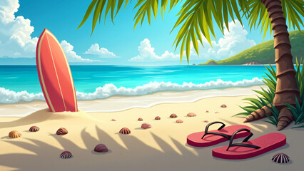 Cartoon Beach with Surfboard, Flip-Flops, and Palm Tree