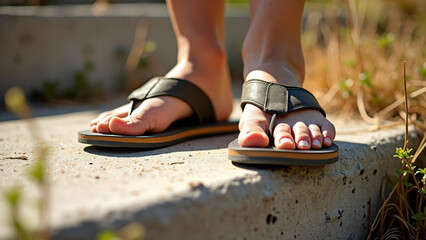 Feet in Flip-Flops on Concrete Step