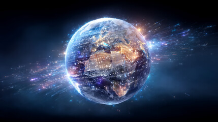 Fototapeta premium A glowing Earth surrounded by radiant digital light streaks in space, symbolizing global connectivity and technology.