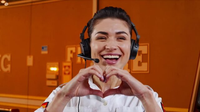 Female emergency dispatcher wearing headset making heart gesture with hands in control center