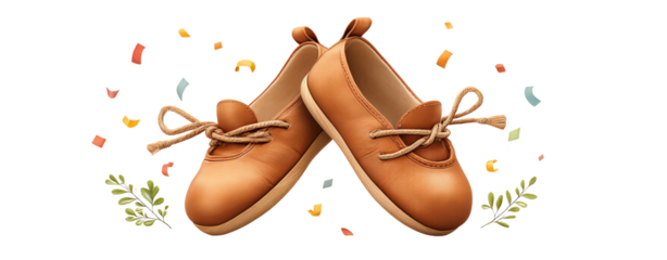 Tan Leather Children's Shoes with Laces and Confetti on Transparent Background, cut out, no background ,Cinco de Mayo