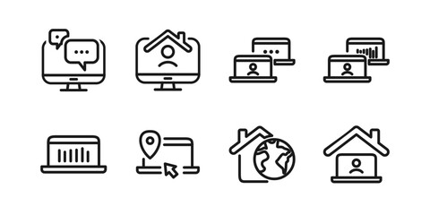 Remote Work Line Icons . Freelancer Work from Home, Video Call, Online Meeting, Teleconference Vector Set