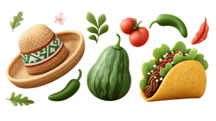 Vibrant 3D Render of Mexican Food and Fiesta Elements on Transparent Background, cut out, no background ,Cinco de Mayo