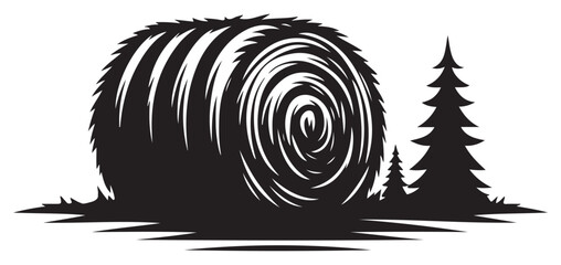 Hay bale and pine trees landscape vector graphic illustration
