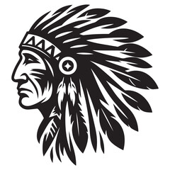 Native american indian chief head with feather headdress illustration