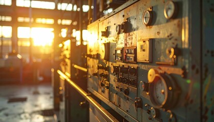 Vintage Industrial Control Panel with Dials and Sunset Glow