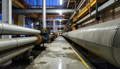 Industrial Interior View of Pipes and Machinery in Large Facility