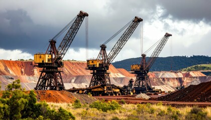 Heavy Mining Equipment at Open-Pit Mine Under Dramatic Clouds