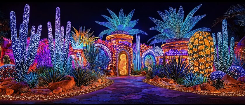 Surreal landscape where plants emit bioluminescent light patterns illuminating the environment in vivid colors The plants glow softly casting ethereal light across the dreamlike scene