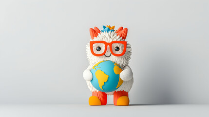 A friendly creature with glasses holding the Earth. Perfect for educational materials and environmental campaigns. It evokes learning and global awareness in a cute manner.