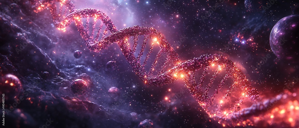 Wall mural surreal visualization of dna strands merging into a galaxy with glowing genetic helixes spiraling an