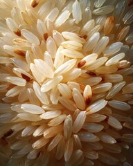 A close-up view of a pile of rice grains, showcasing their delicate texture and natural beauty. The grains have a warm, golden hue, adding to the image's visual appeal.