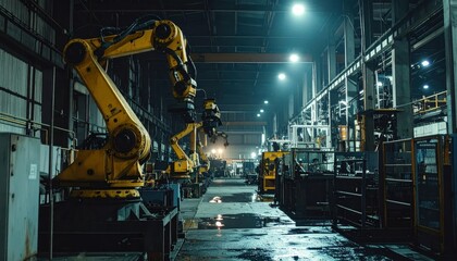 Industrial Robotics in Action at Night in a Manufacturing Facility