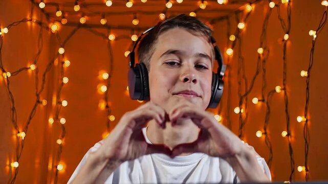 Smiling teenage boy with headphones making heart gesture with hands in room decorated with string lights