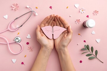 Hands holding a pink liver symbolizing health, medical care, and organ donation
